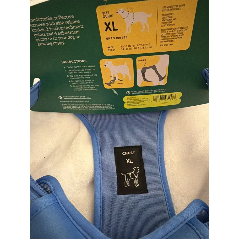 Boots & Barkley Reflective Adjustable Comfort Dog Harness - XL - Blue